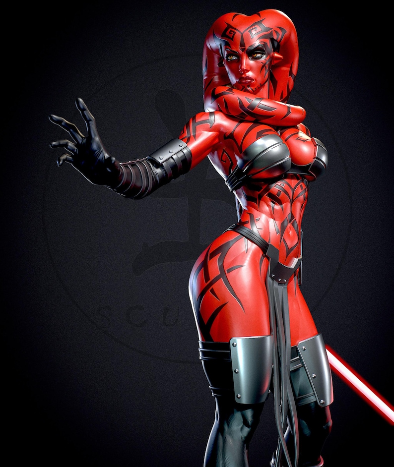 May include: A red and black figure with a lightsaber. The figure has red skin with black markings, black gloves, and armor. The figure is posed with one arm outstretched and a red lightsaber.