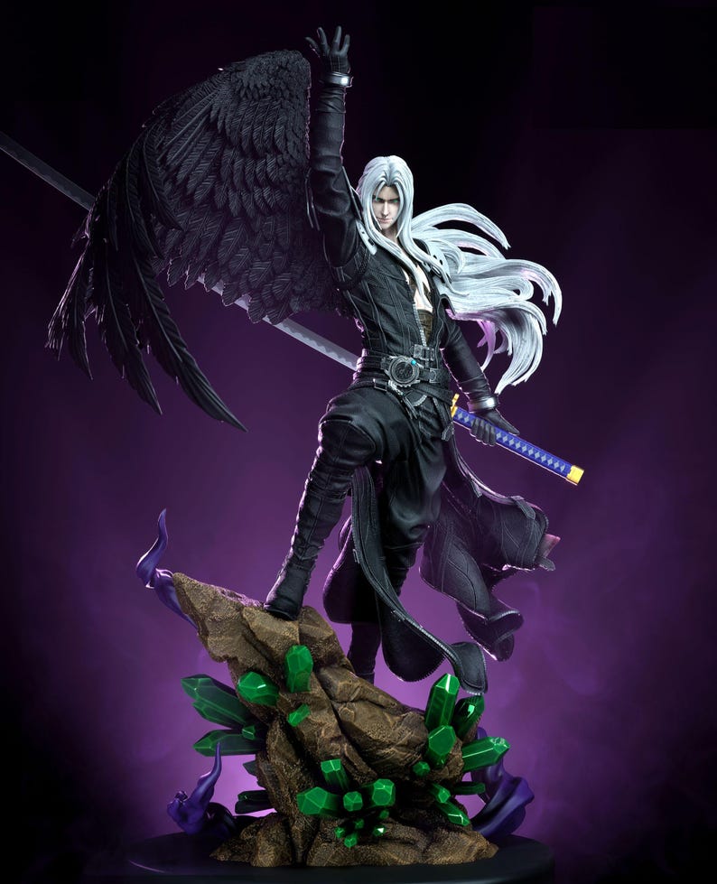 May include: A detailed figurine of a character with long white hair, a black outfit, and a large black wing. The figure is posed with one arm raised, holding a sword. The base features green crystal formations.