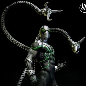 May include: A detailed action figure of a superhero in a black and silver suit with green accents. The figure has mechanical arms extending from its back. The text "1/6 SCALE" is in the upper right corner.
