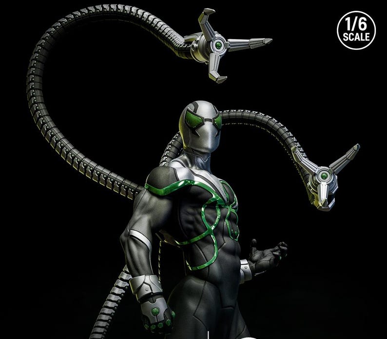 May include: A detailed action figure of a superhero in a black and silver suit with green accents. The figure has mechanical arms extending from its back. The text "1/6 SCALE" is in the upper right corner.
