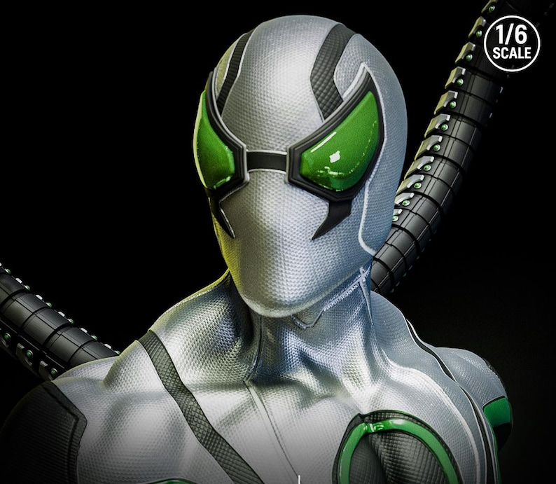 May include: A silver and black superhero costume with green accents. The costume features a textured pattern, green lenses, and a mechanical arm. The image includes a "1/6 SCALE" logo.