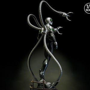 May include: A 1/6 scale statue of a character in a black and silver suit with four articulated mechanical arms. The figure has a silver helmet and green accents. The statue is posed on a small, detailed base.