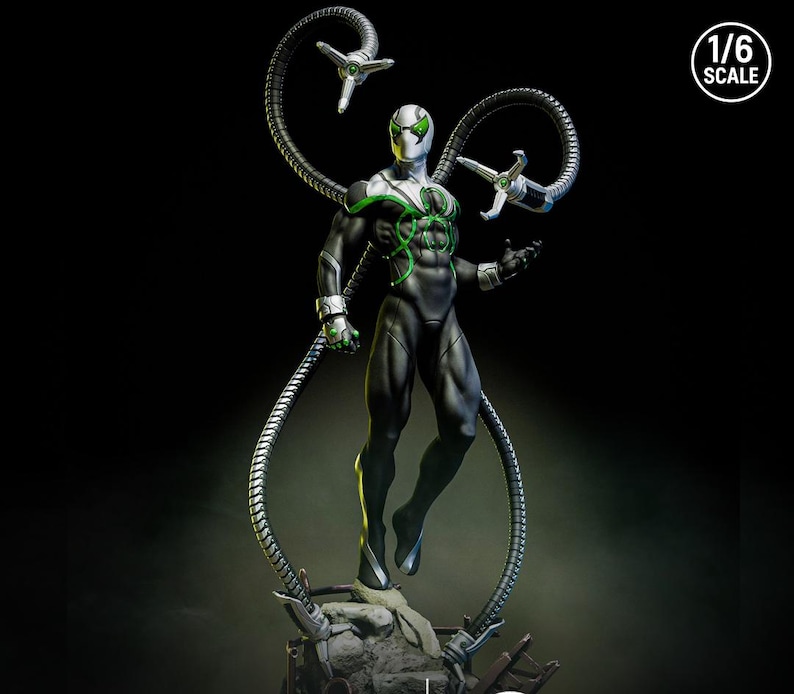 May include: A detailed action figure of a superhero in a black and white suit with green accents. The figure has four metallic tentacles and is posed dynamically. The figure is 1/6 scale.