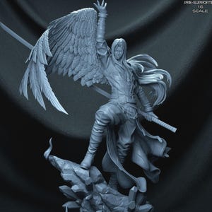 May include: A detailed, gray figurine of a warrior with large feathered wings, holding two swords. The figure is posed on a rocky base, with one arm raised. The text "PRE-SUPPORTED 1:6 SCALE" is visible.