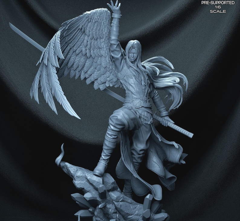 May include: A detailed, gray figurine of a warrior with large feathered wings, holding two swords. The figure is posed on a rocky base, with one arm raised. The text "PRE-SUPPORTED 1:6 SCALE" is visible.