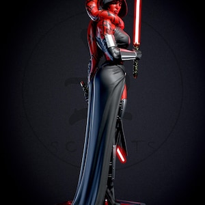 May include: A detailed statue of a female character with red skin, black clothing, and a hooded cloak. She holds a red lightsaber, with another at her side. The figure is posed on a metallic base against a dark background.