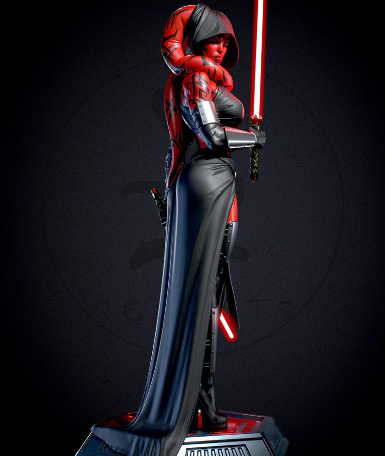 May include: A detailed statue of a female character with red skin, black clothing, and a hooded cloak. She holds a red lightsaber, with another at her side. The figure is posed on a metallic base against a dark background.