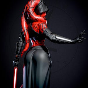 May include: A red and black figure with a black hood and a long black skirt. The figure is holding a red lightsaber. The figure has red skin with black markings and is wearing black gloves and arm guards.