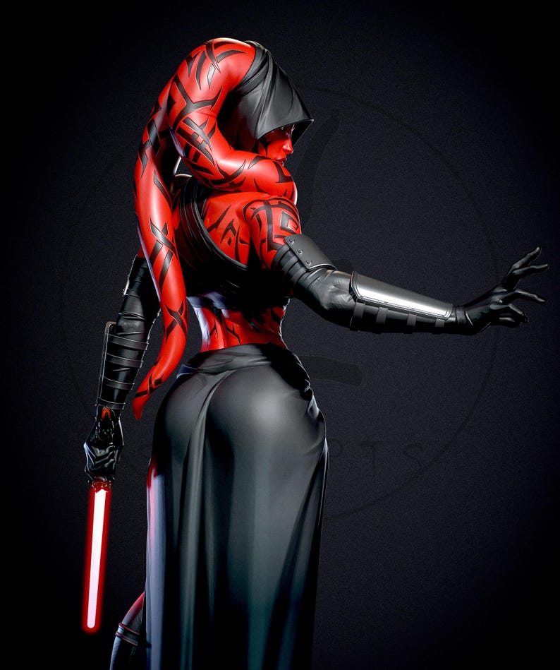 May include: A red and black figure with a black hood and a long black skirt. The figure is holding a red lightsaber. The figure has red skin with black markings and is wearing black gloves and arm guards.