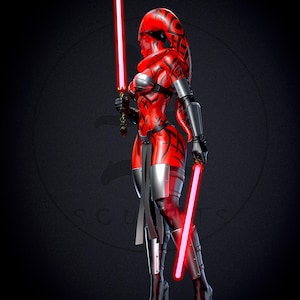 May include: A red and black figure with two red lightsabers. The figure is wearing a red and silver outfit with black accents. The figure is standing on a red platform against a dark background.