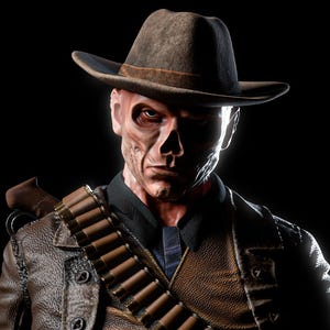 May include: A digital rendering of a character wearing a brown hat, leather jacket, and a bandolier of bullets. The character has a weathered face with visible bone structure, set against a black background. The lighting creates dramatic shadows.