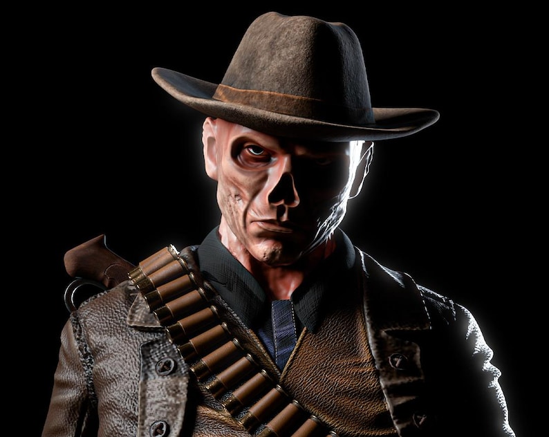 May include: A digital rendering of a character wearing a brown hat, leather jacket, and a bandolier of bullets. The character has a weathered face with visible bone structure, set against a black background. The lighting creates dramatic shadows.