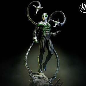 May include: A detailed action figure of a superhero in a black and white suit with green accents. The figure has four metallic tentacles and is posed on a rocky base. The figure is 1/6 scale.