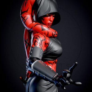 May include: A red-skinned character with black markings, wearing a black hooded cloak and outfit. The character has yellow eyes and is posed with one hand extended, holding a weapon. The image is set against a dark background.