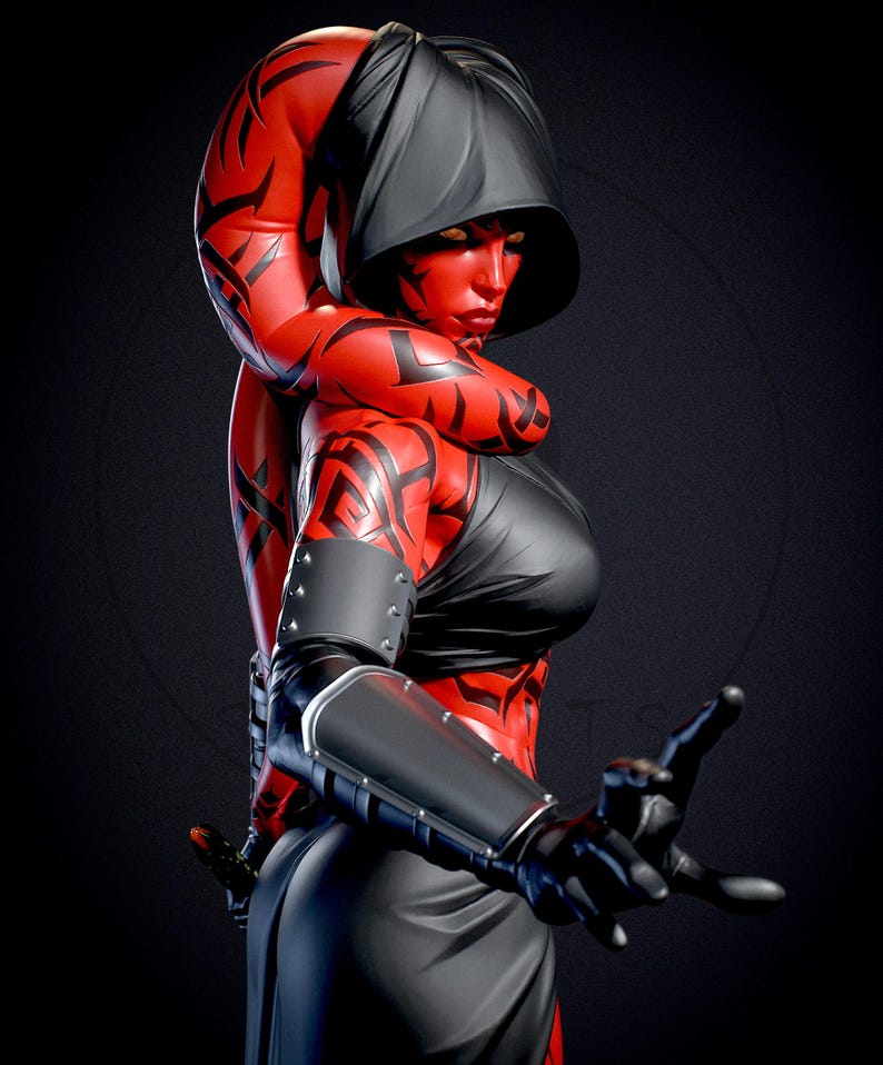 May include: A red-skinned character with black markings, wearing a black hooded cloak and outfit. The character has yellow eyes and is posed with one hand extended, holding a weapon. The image is set against a dark background.