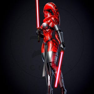 May include: A red and black figure with two red lightsabers. The figure is wearing a red and silver outfit with black accents. The figure is standing on a red platform with a black background. The figure has a red head covering.