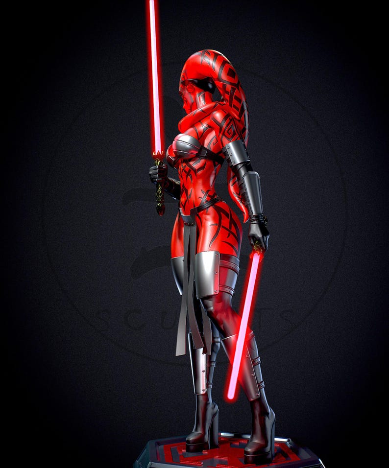 May include: A red and black figure with two red lightsabers. The figure is wearing a red and silver outfit with black accents. The figure is standing on a red platform with a black background. The figure has a red head covering.