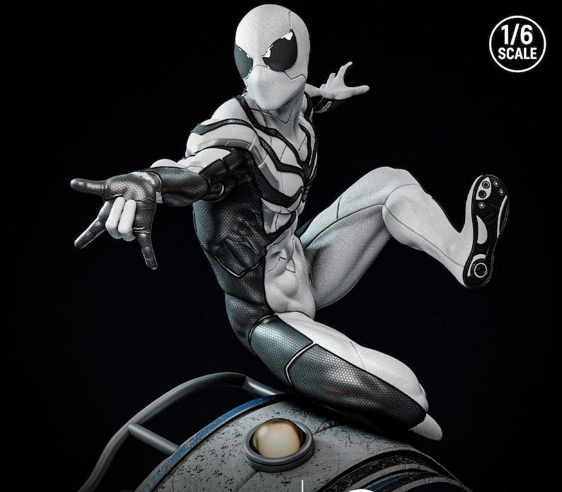 May include: A detailed, dynamic action figure of a superhero in a white and black suit, posed mid-leap. The figure is 1/6 scale, with intricate detailing on the costume and a textured appearance. The figure is set against a dark background.