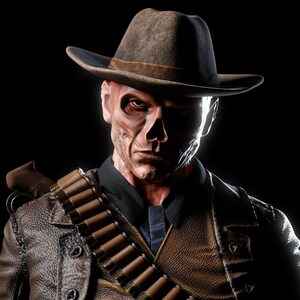 May include: A digital rendering of a character wearing a brown hat, leather jacket, and a bandolier of bullets. The character has a weathered face with visible bone structure, set against a black background. The lighting creates dramatic shadows.