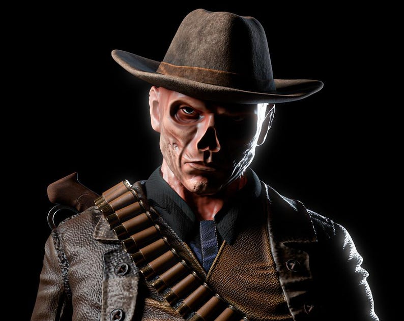 May include: A digital rendering of a character wearing a brown hat, leather jacket, and a bandolier of bullets. The character has a weathered face with visible bone structure, set against a black background. The lighting creates dramatic shadows.