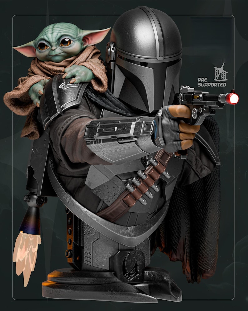 May include: A detailed bust of The Mandalorian holding a blaster, with Grogu perched on his shoulder. The figure is predominantly gray and black, with brown accents. The text "PRE SUPPORTED" is visible. A light effect emanates from the blaster.