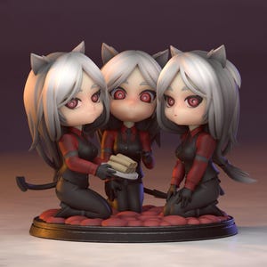 May include: A figurine featuring three anime-style characters with white hair, red eyes, and cat ears. They wear red shirts, black vests, and black pants. The characters are kneeling on a red surface, holding a plate with rolled items.
