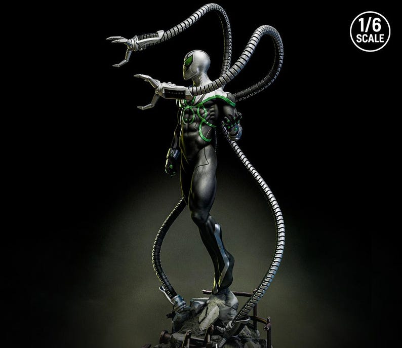 May include: A 1/6 scale statue of a superhero in a black and silver suit with green accents. The figure has four mechanical arms extending from its back. The statue is posed on a detailed base with debris.