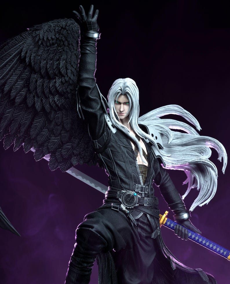 May include: A detailed figurine of a character with long silver hair, green eyes, and a black outfit. The figure has a large black wing and is holding a sword with a blue and gold handle. The background is a gradient of purple and black.
