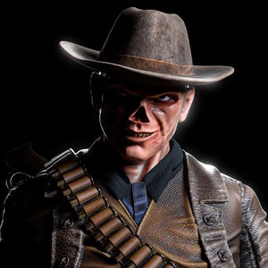 May include: A detailed portrait of a character in a brown cowboy hat and leather jacket. The character has a sinister expression, with visible scars and a bandolier of bullets. The background is black, highlighting the character's features.