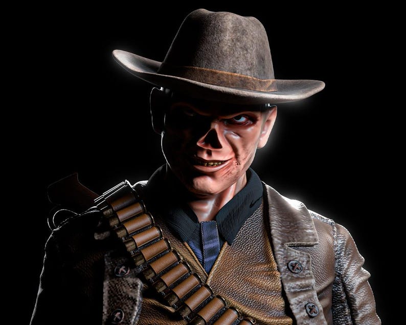 May include: A detailed portrait of a character in a brown cowboy hat and leather jacket. The character has a sinister expression, with visible scars and a bandolier of bullets. The background is black, highlighting the character's features.