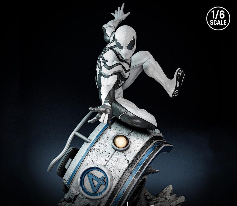 May include: A white and black Spider-Man action figure in a dynamic pose, perched atop a futuristic, weathered base with a blue and white design. The figure is 1/6 scale, with intricate detailing on the suit and base. The background is dark.