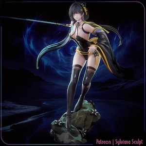 May include: A detailed figurine of a female anime character in a dynamic pose, holding a sword. She wears a black and gold outfit with long flowing sleeves and thigh-high stockings. The figure stands on a rocky base against a dark, stylized background.