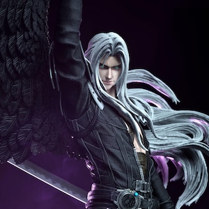 May include: A detailed figurine of a character with long silver hair and piercing green eyes, wearing a black outfit with a large black wing. The figure is holding a katana sword, with a dark background and purple accents.