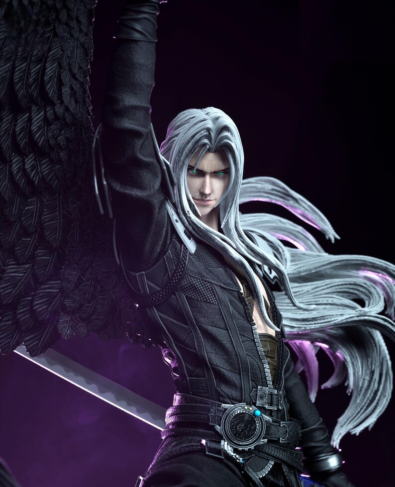 May include: A detailed figurine of a character with long silver hair and piercing green eyes, wearing a black outfit with a large black wing. The figure is holding a katana sword, with a dark background and purple accents.