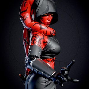 May include: A red-skinned character with black markings, wearing a black hooded cloak and outfit. The character has yellow eyes and is posed with one hand extended, holding a weapon. The image has a dark background.