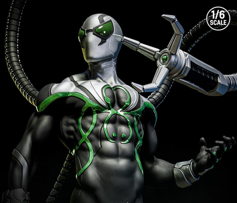 May include: A detailed action figure of a superhero in a black and silver suit with green accents. The figure has a metallic head with green lenses and mechanical arms. The figure is 1/6 scale.