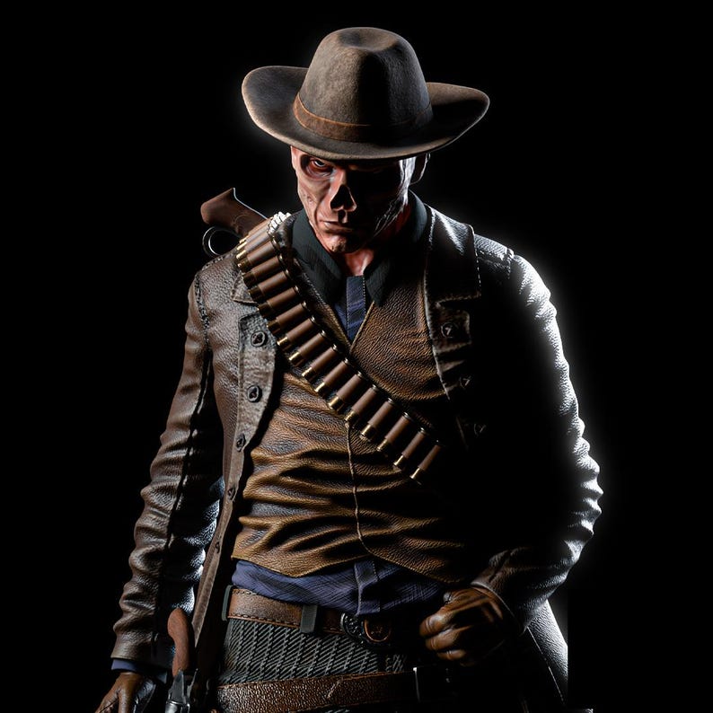 May include: A figure of a cowboy with a weathered face, wearing a brown hat, leather jacket, and a bandolier of bullets. The figure is set against a black background, creating a dramatic, shadowy effect. The cowboy's attire includes a vest, shirt, and patterned pants.