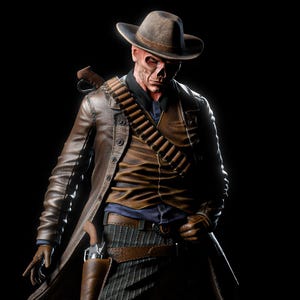 May include: A detailed figure of a cowboy with a weathered face, wearing a brown hat, leather coat, and a bandolier of bullets. The figure has a holster with a gun and is set against a black background.