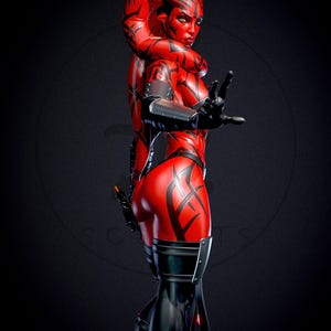 May include: A red figure with black markings and a black outfit. The figure has a red face and head tendrils. The figure is wearing a black glove and holding up a hand. The figure is wearing black boots and has a weapon on their hip.