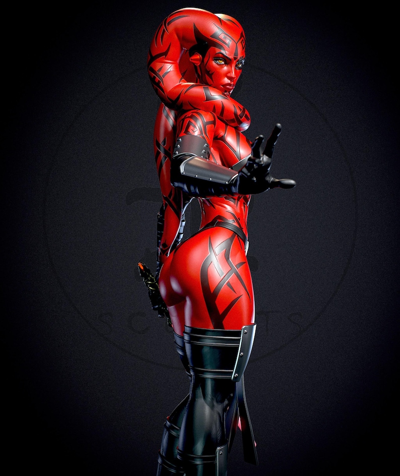 May include: A red figure with black markings and a black outfit. The figure has a red face and head tendrils. The figure is wearing a black glove and holding up a hand. The figure is wearing black boots and has a weapon on their hip.