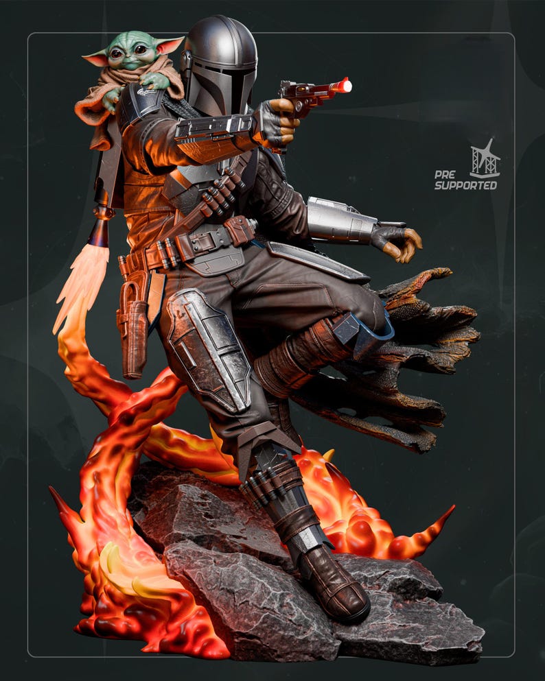 May include: A detailed figurine of The Mandalorian, clad in dark armor, aiming a blaster. Grogu, also known as Baby Yoda, is perched on his shoulder. The base features fiery orange and red flames, with a rocky terrain.