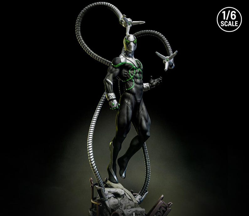 May include: A 1/6 scale statue of a superhero in a black and silver suit with green accents. The figure has four mechanical arms extending from its back. The statue is posed mid-air against a dark background.