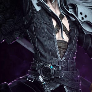 May include: A detailed image of a character in a black leather-like outfit with intricate stitching and metal accents. The outfit features a partially unzipped jacket, a decorative belt with a circular buckle, and a silver shoulder guard. The character has long silver hair.