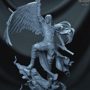 May include: A detailed gray figurine of a winged warrior with long hair, a sword, and armor, standing on a rocky base. The figure has one arm raised and a large wing spread out. The text "PRE-SUPPORTED 1:6 SCALE" is visible.