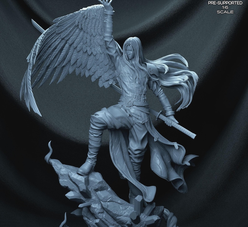 May include: A detailed gray figurine of a winged warrior with long hair, a sword, and armor, standing on a rocky base. The figure has one arm raised and a large wing spread out. The text "PRE-SUPPORTED 1:6 SCALE" is visible.
