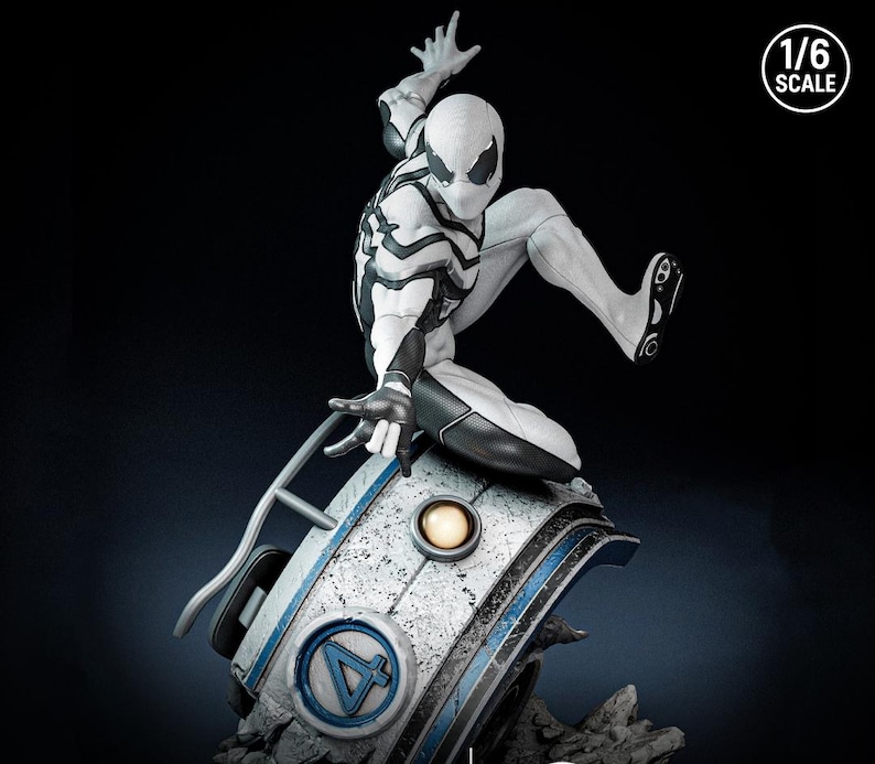 May include: A white and black Spider-Man action figure in a dynamic pose, perched atop a futuristic, weathered base with a blue and white design. The figure is 1/6 scale, with intricate detailing on the suit and base.