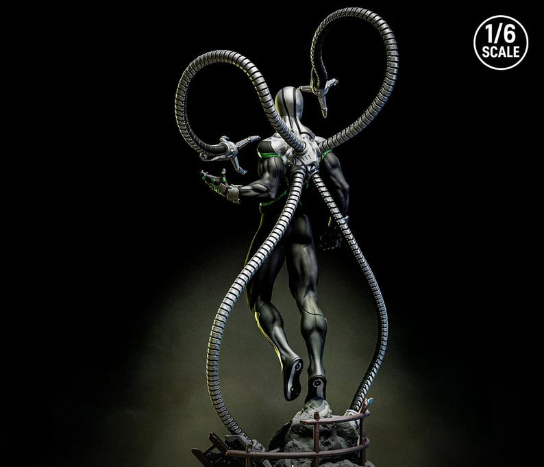 May include: A detailed statue of a superhero figure with four metallic tentacles extending from its back. The figure is primarily black with silver and green accents. The statue is labeled as 1/6 scale.