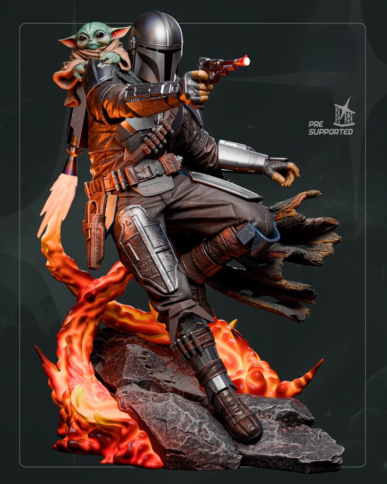 May include: A detailed figurine of The Mandalorian in a dynamic pose, holding a blaster. The figure is clad in dark armor, with a helmet and jetpack. Grogu, also known as Baby Yoda, is perched on his shoulder. The base features fiery orange and red accents.