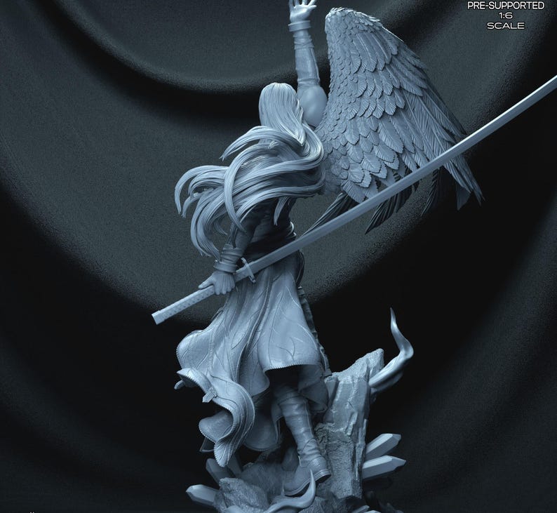 May include: A detailed figurine of a character with long hair, a flowing robe, and a large wing. The figure is holding a sword and is posed on a rocky base. The text "PRE-SUPPORTED 1:6 SCALE" is visible.