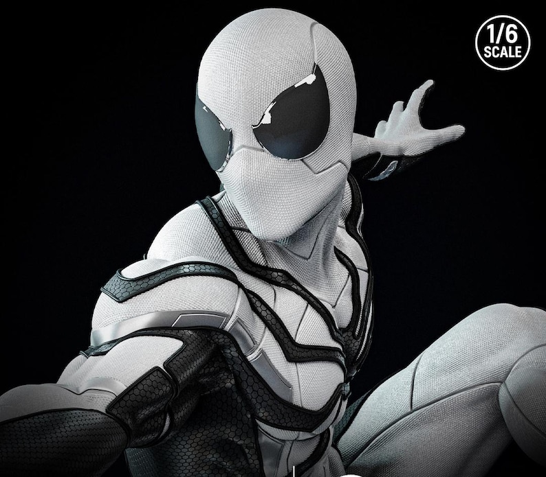 May include: A detailed, close-up of a white and black Spider-Man action figure. The figure is in a dynamic pose, with a textured white suit and black accents. The figure is 1/6 scale.